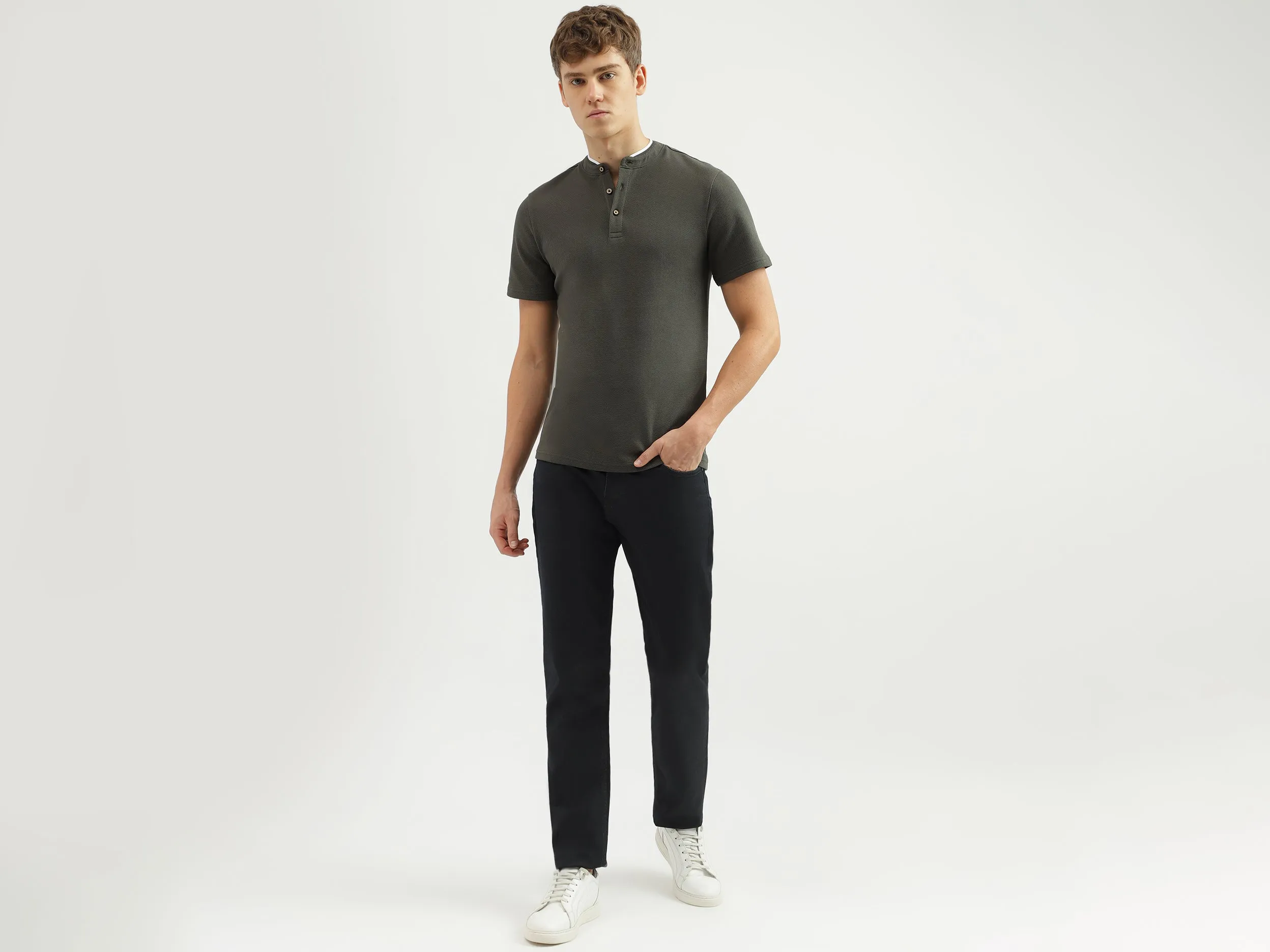 Men's Regular Fit Henley Neck Textured T-Shirt