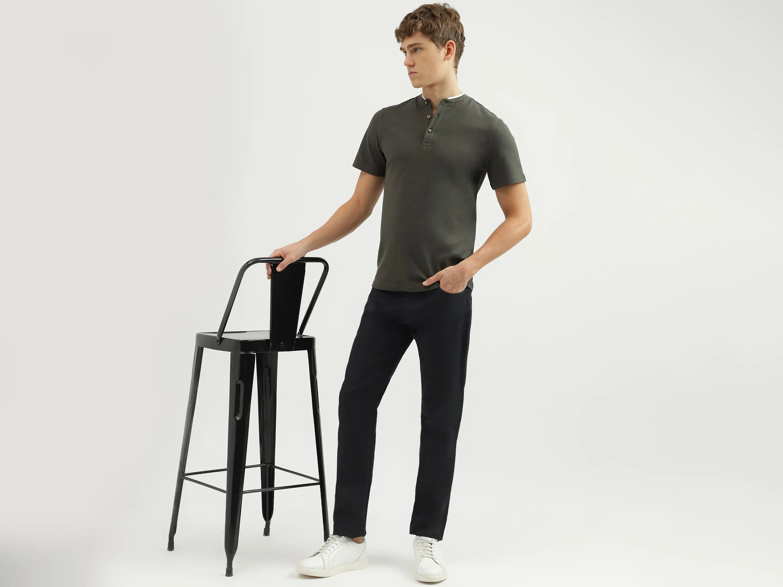 Men's Regular Fit Henley Neck Textured T-Shirt