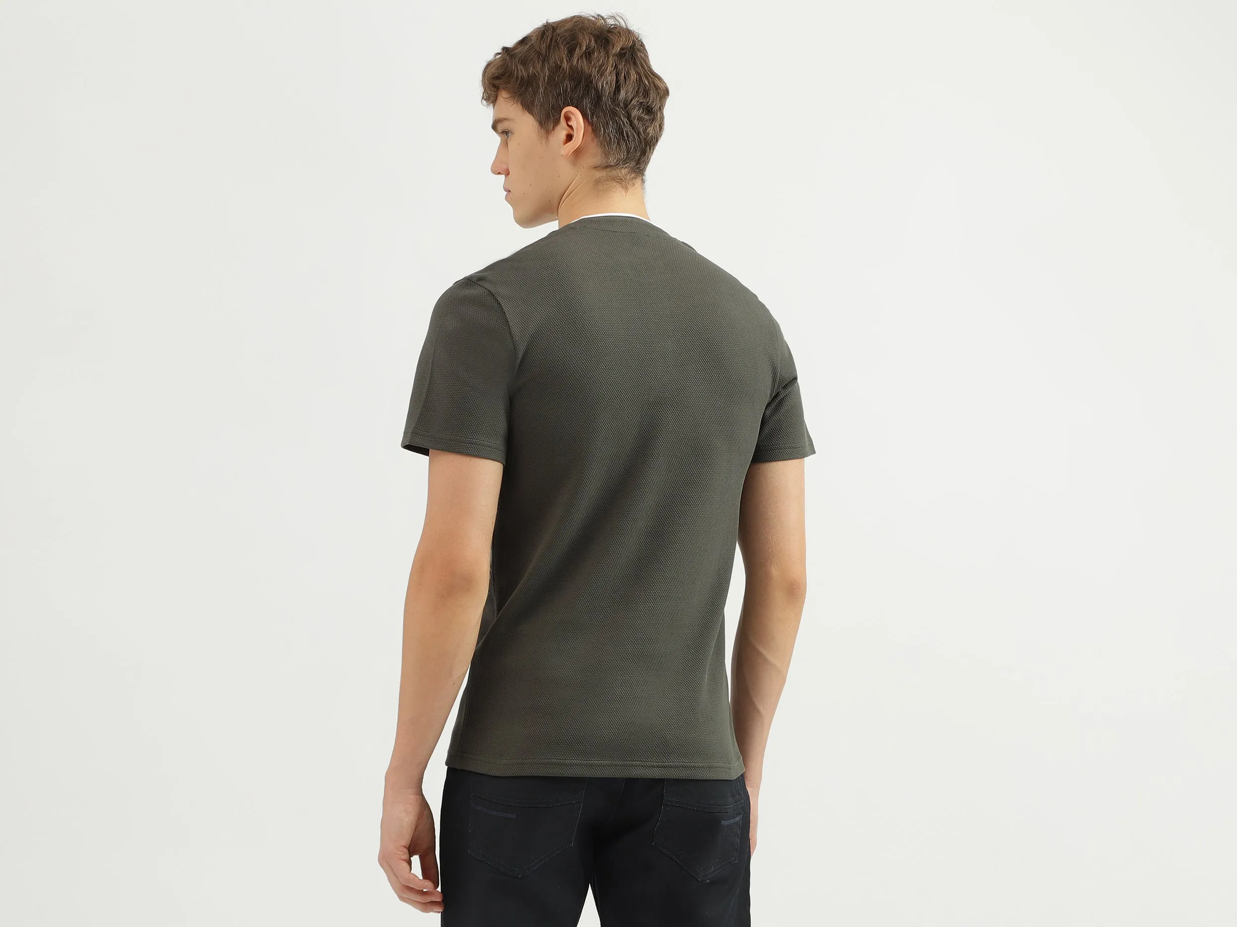 Men's Regular Fit Henley Neck Textured T-Shirt