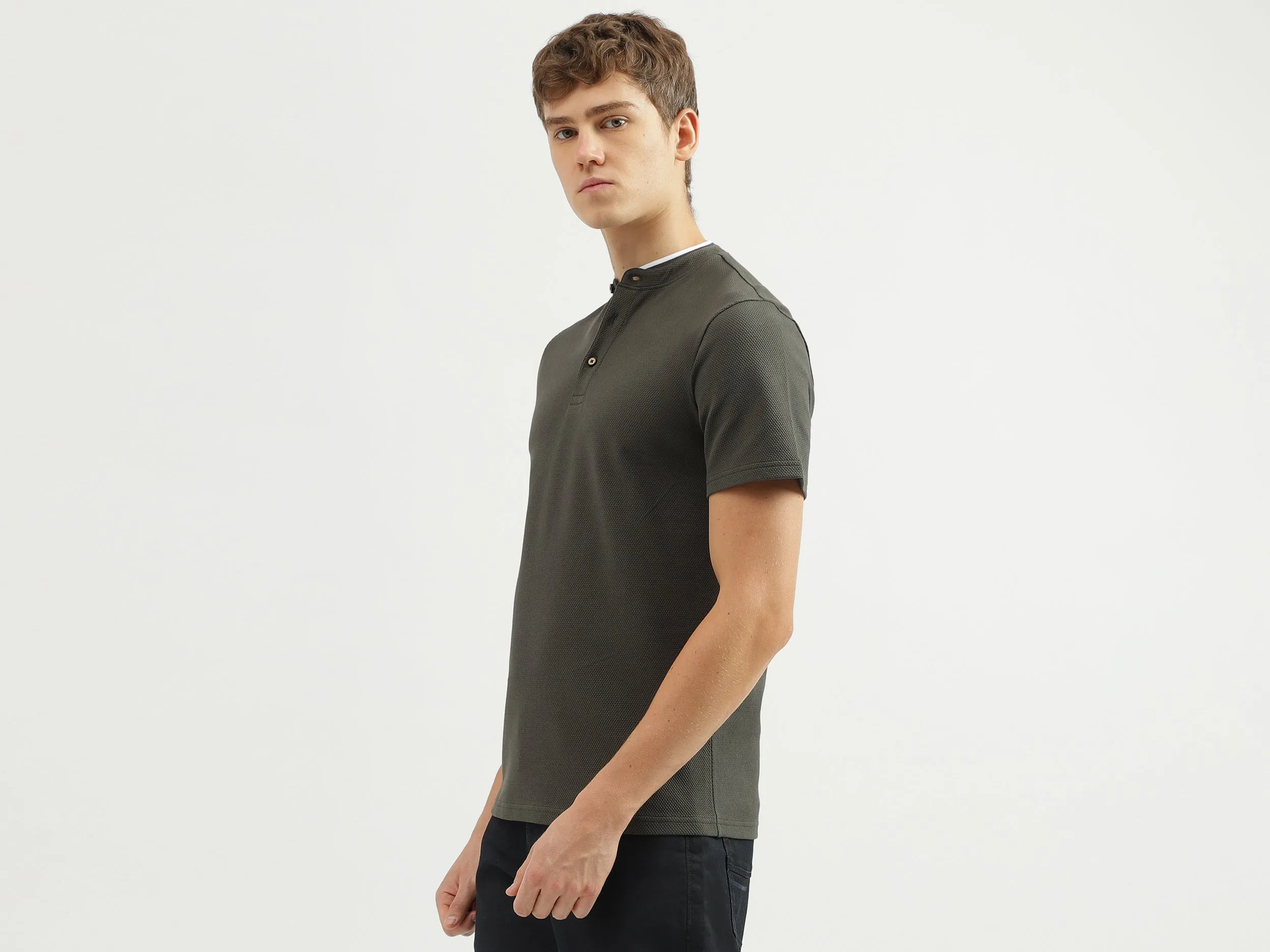 Men's Regular Fit Henley Neck Textured T-Shirt