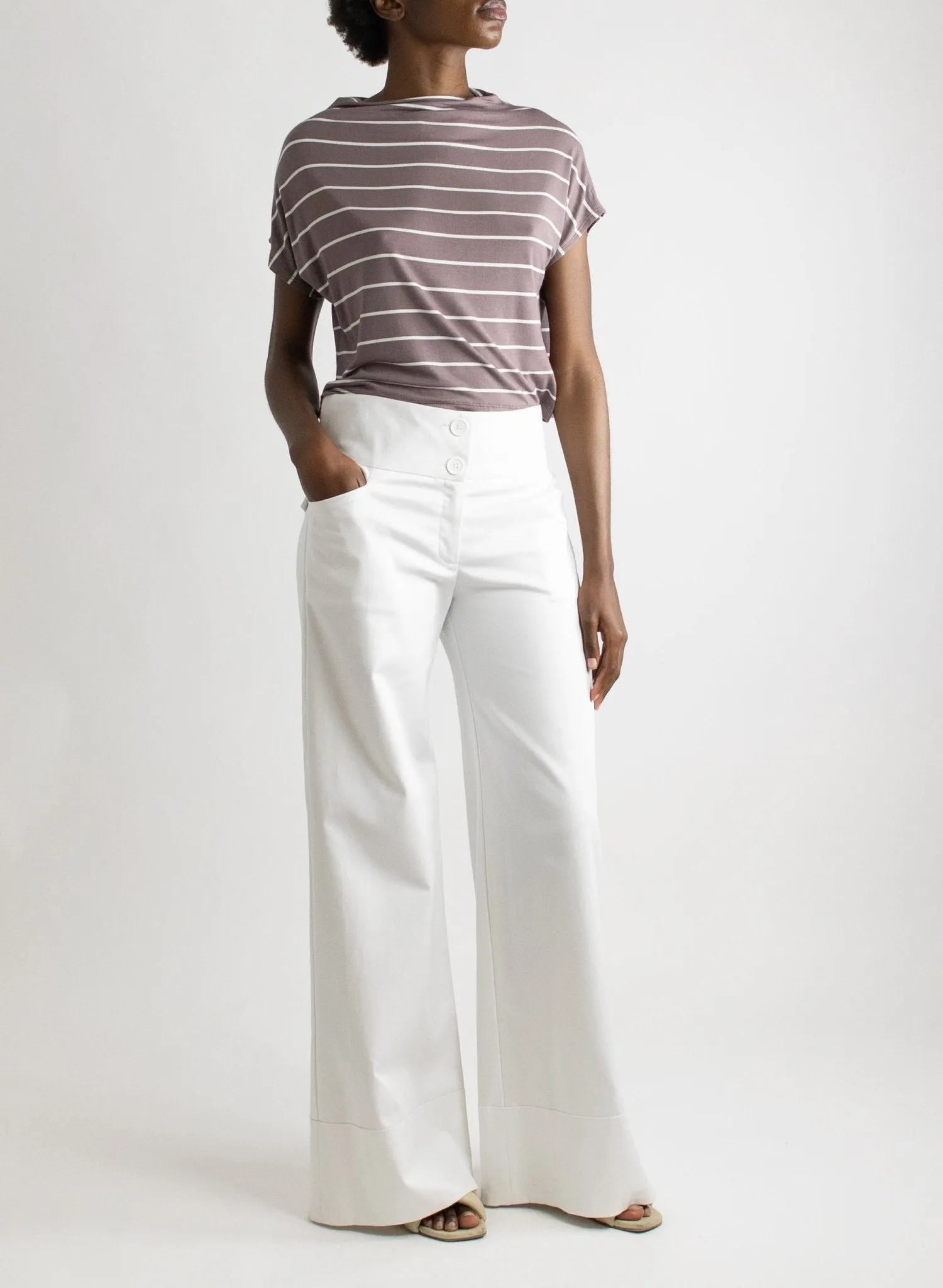 Mock Neck Tee - Mauve/White Stripe