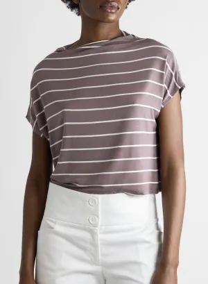 Mock Neck Tee - Mauve/White Stripe
