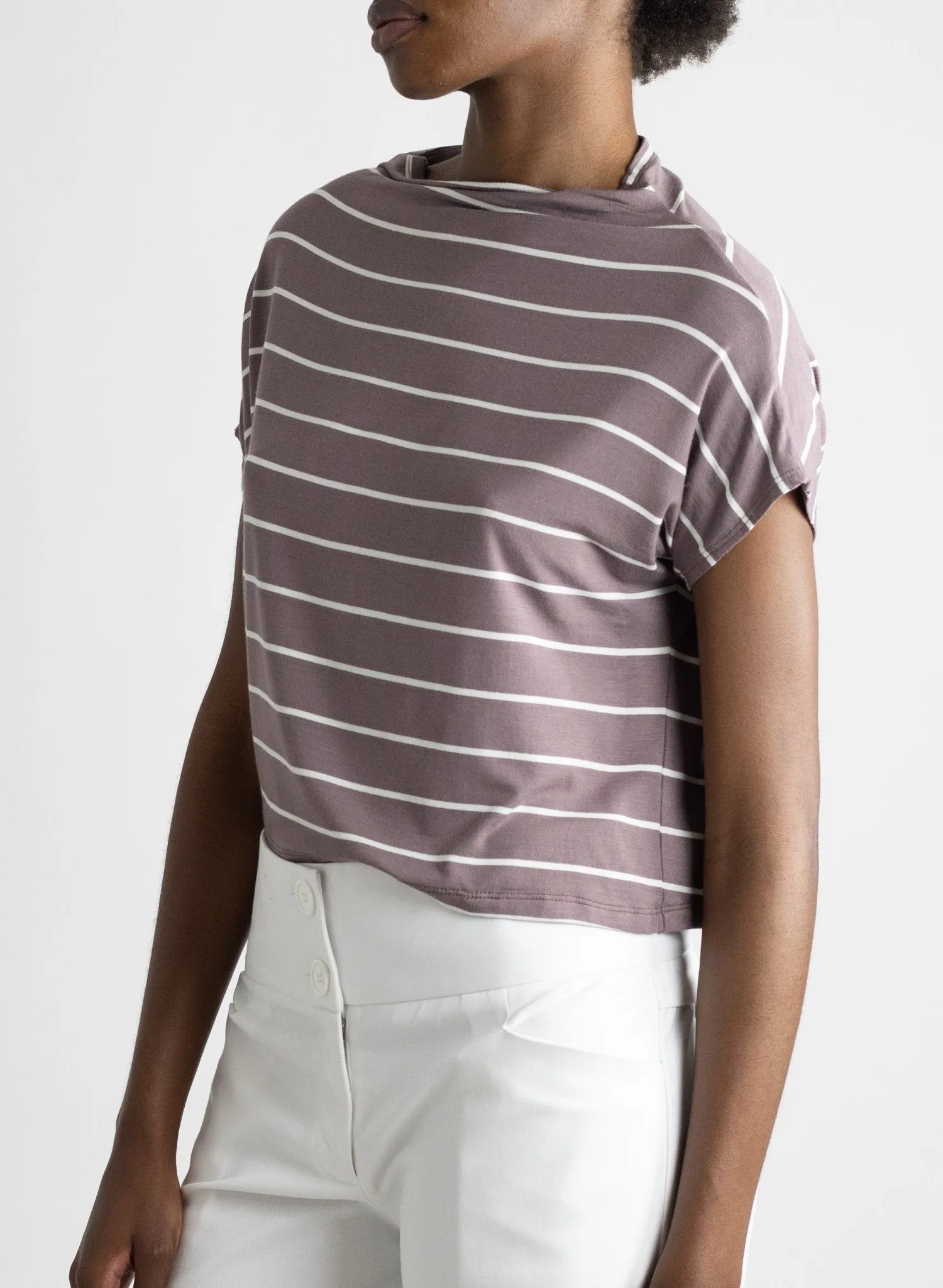 Mock Neck Tee - Mauve/White Stripe