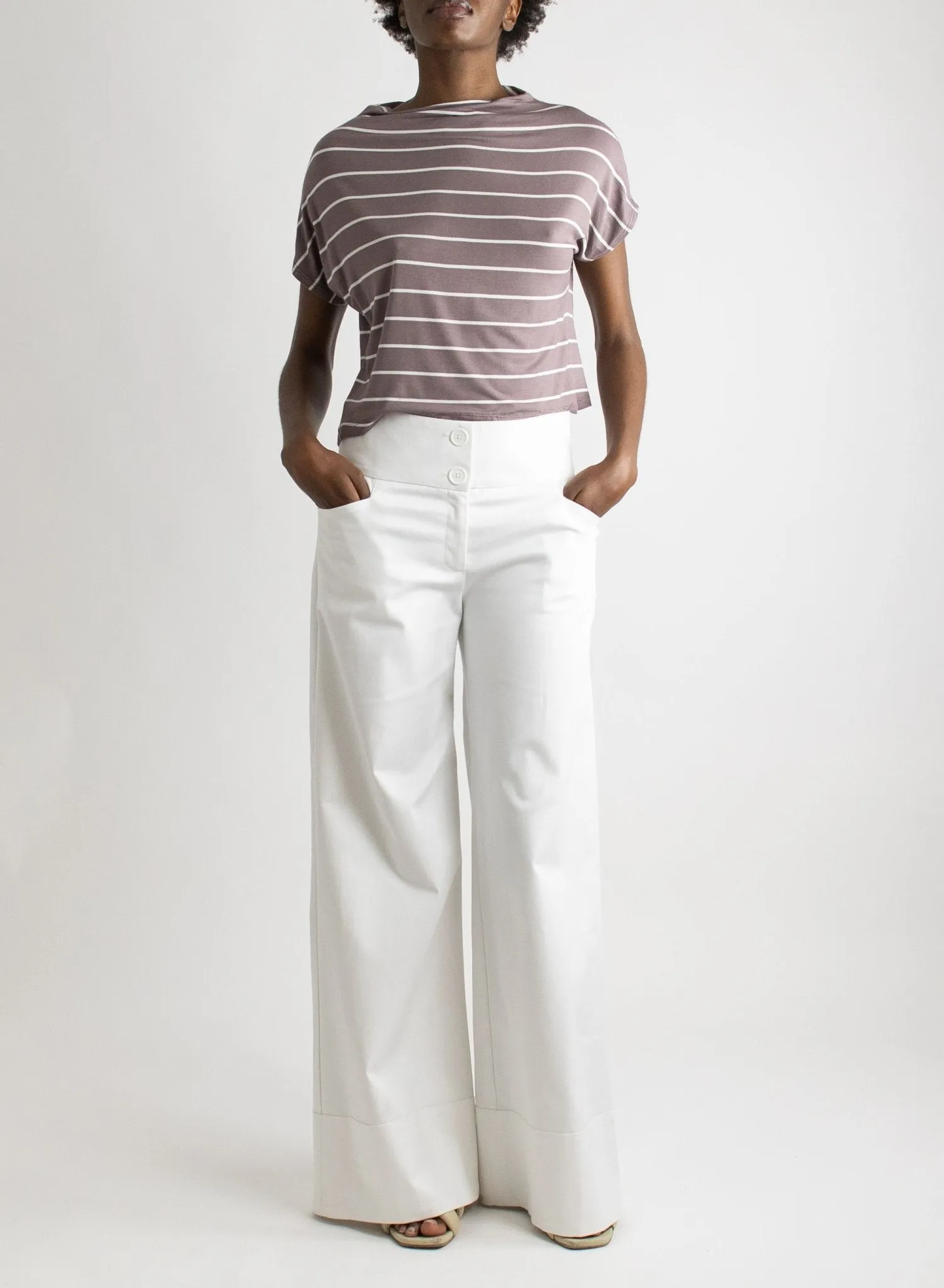 Mock Neck Tee - Mauve/White Stripe
