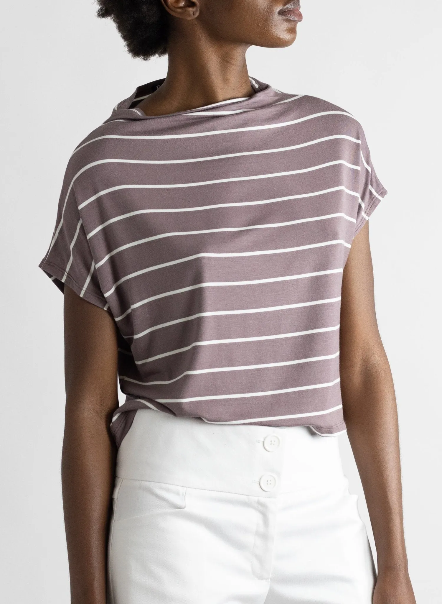 Mock Neck Tee - Mauve/White Stripe