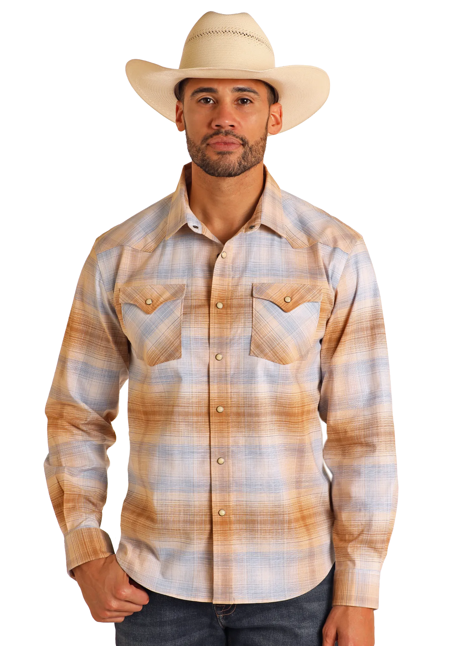 Modern Vintage Ombre Plaid Long Sleeve Snap Shirt