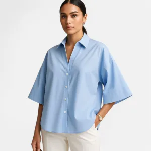 Monacogents | Autumn Loose Cotton Blend Poplin Shirt – Wide Sleeves, Buckle Detail