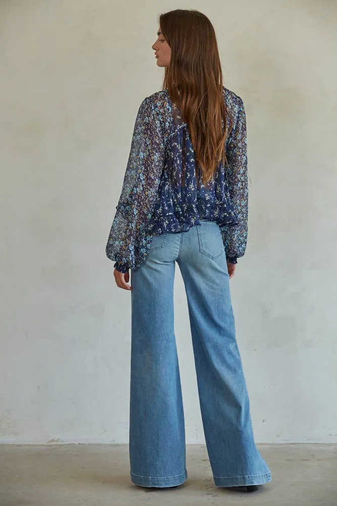 Navy Floral Print Long Sleeve Ruffle Button Down Top