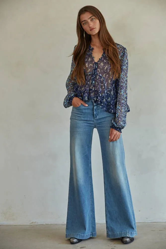 Navy Floral Print Long Sleeve Ruffle Button Down Top