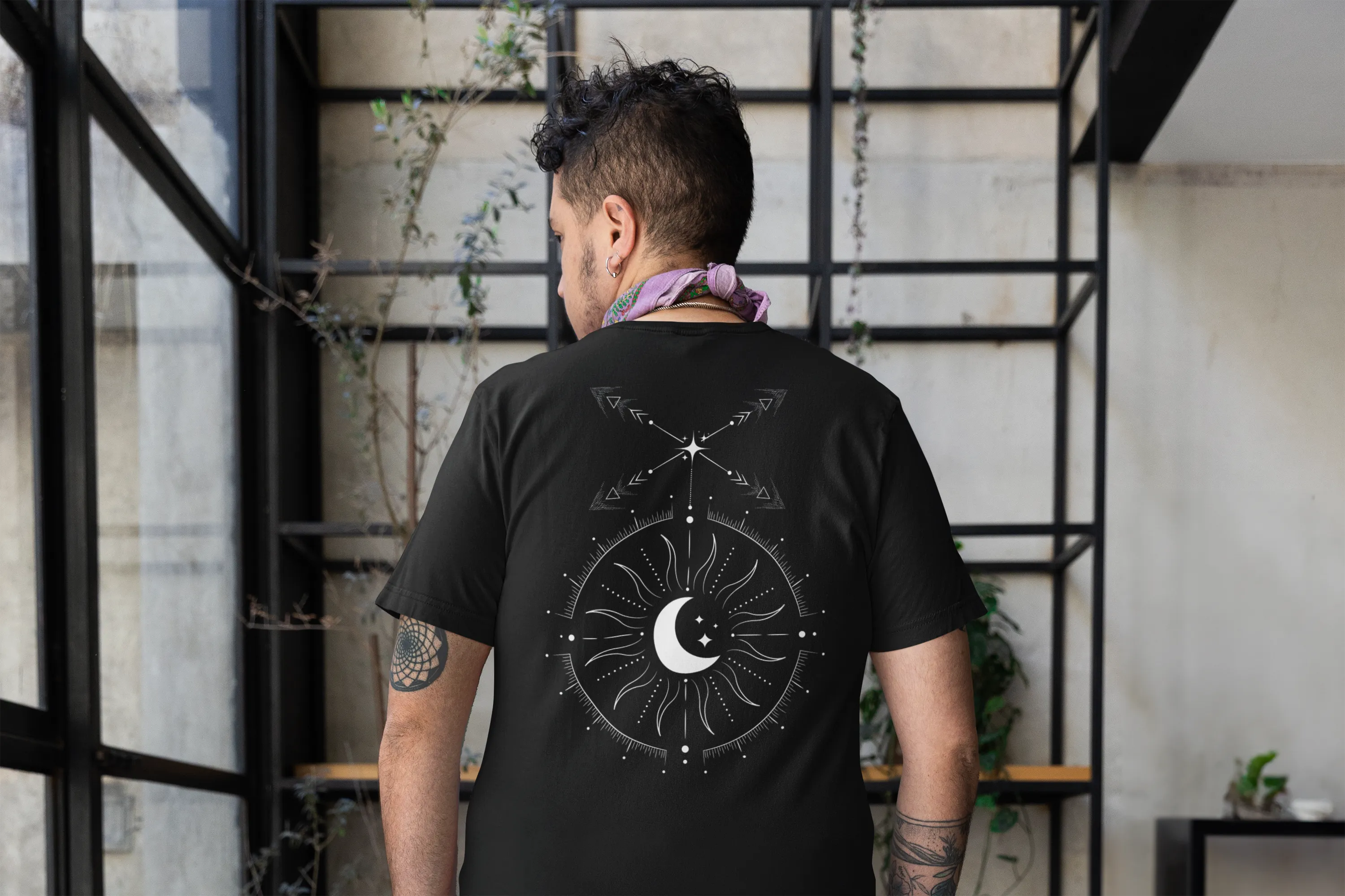 Non-Binary v2 Celestial Gender Symbol Design on Black Gray Vintage Wash Frayed T-Shirt - 260 GSM