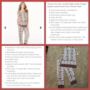 NWT Soma Embraceable Cool Nights pajama set Size XS Dainty floral ivory boarder