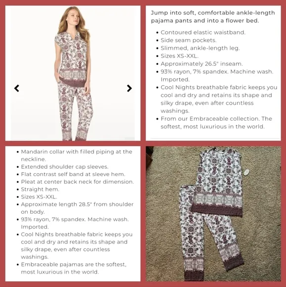 NWT Soma Embraceable Cool Nights pajama set Size XS Dainty floral ivory boarder