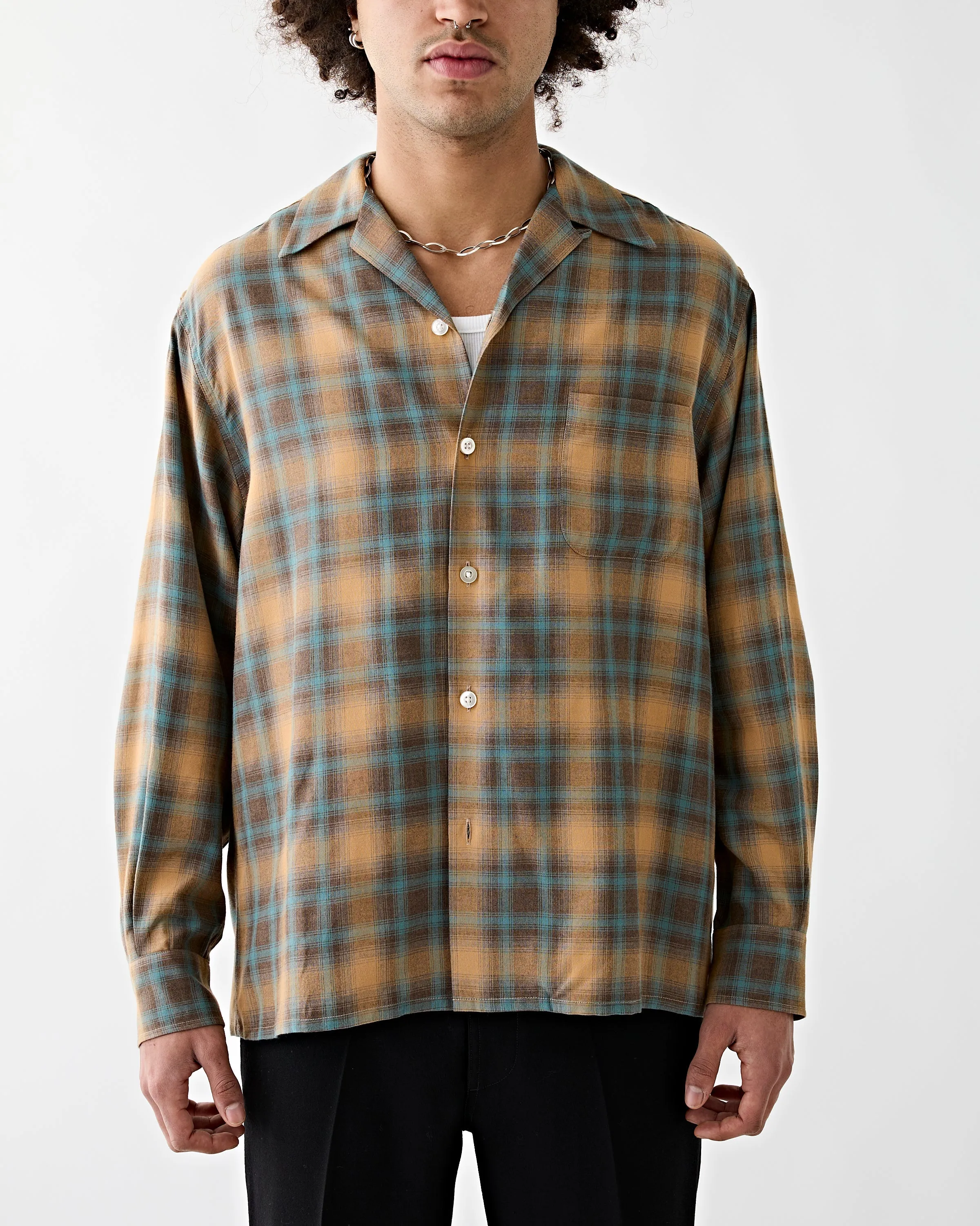 Ombre Check Open Collar Shirt Brown
