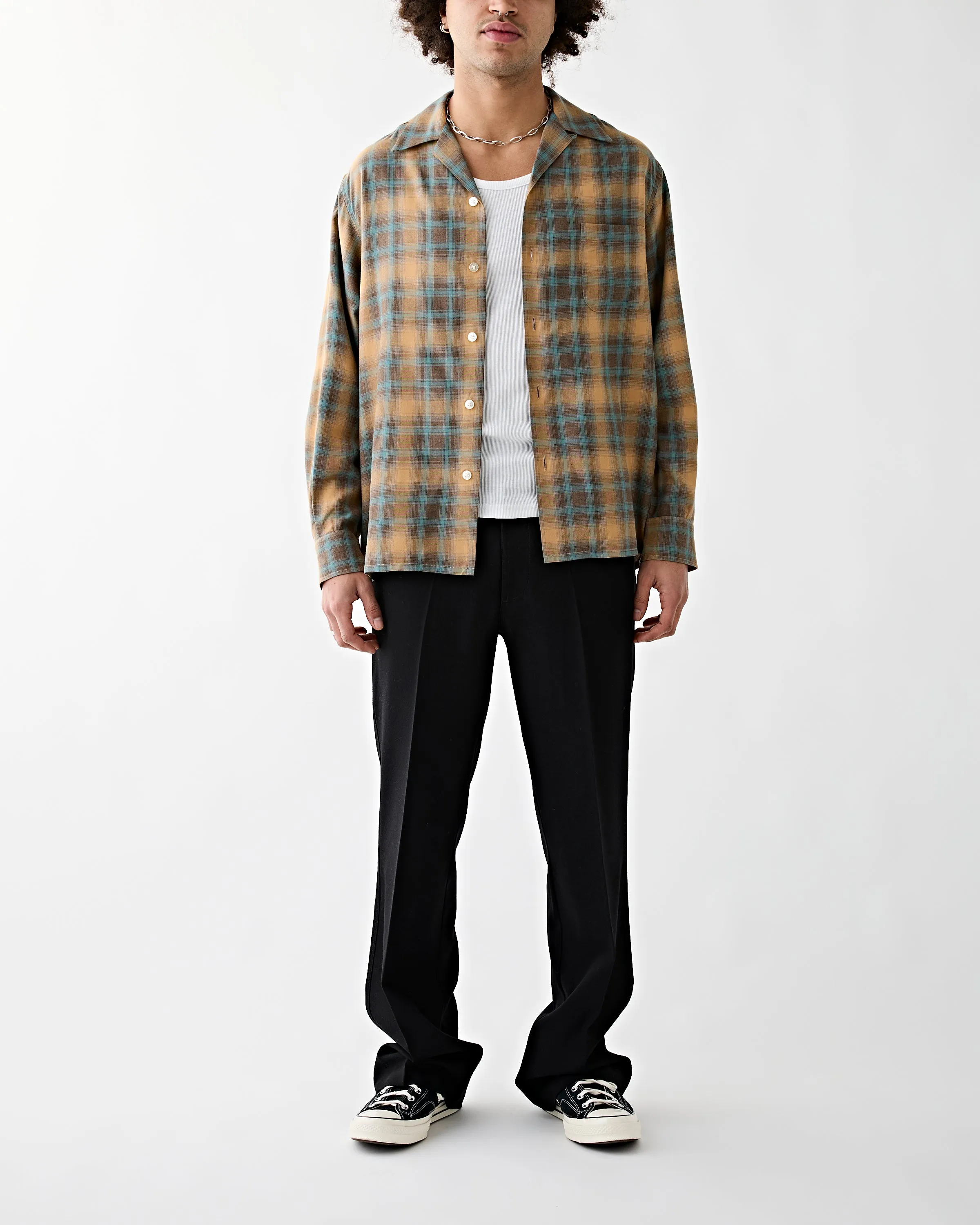 Ombre Check Open Collar Shirt Brown