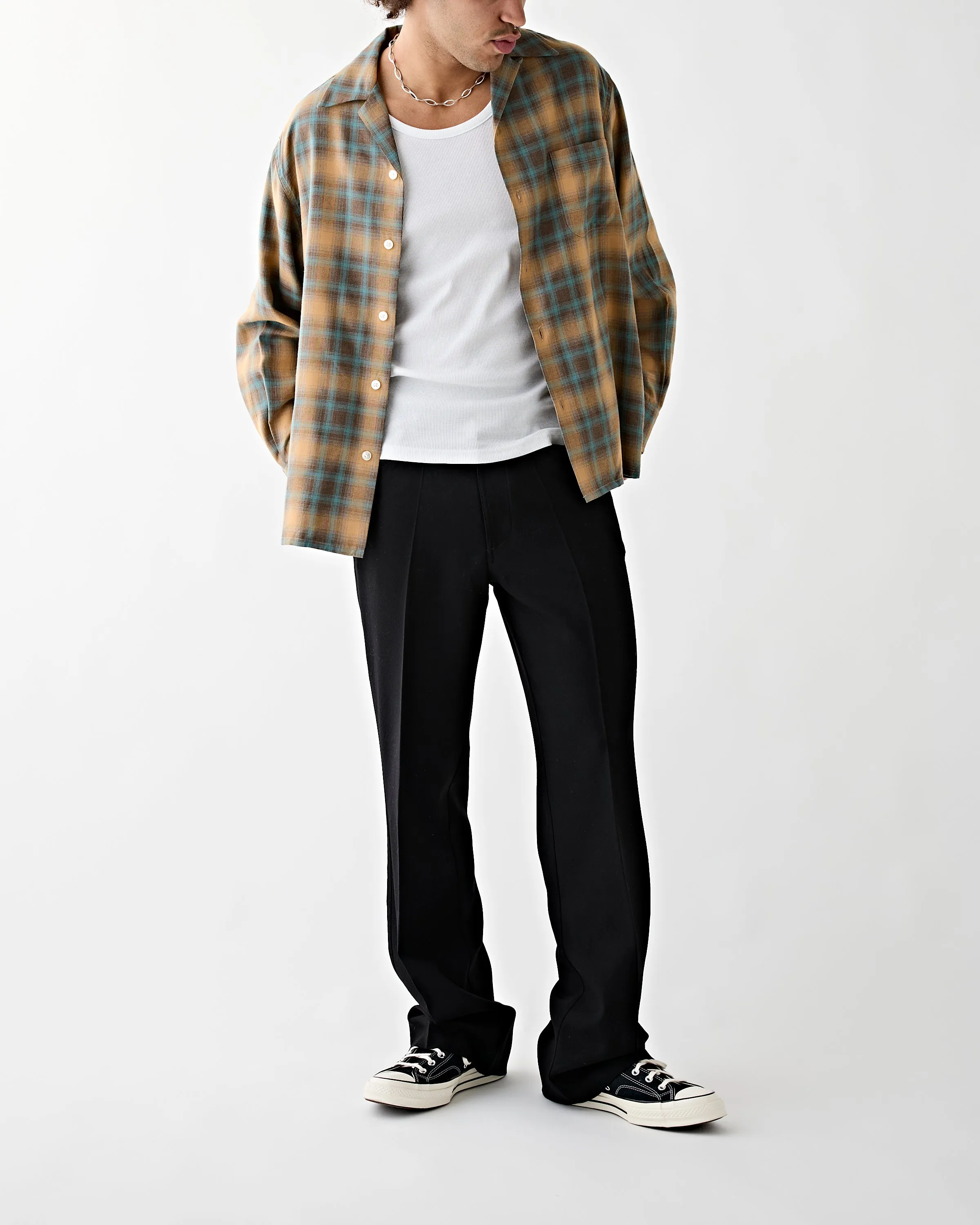 Ombre Check Open Collar Shirt Brown