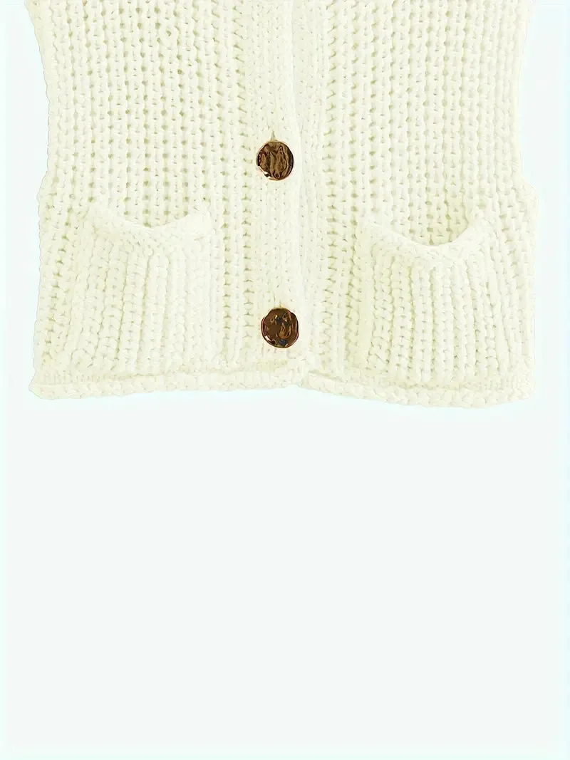 Pocket Sleeveless Short Knitted Cardigan Vest