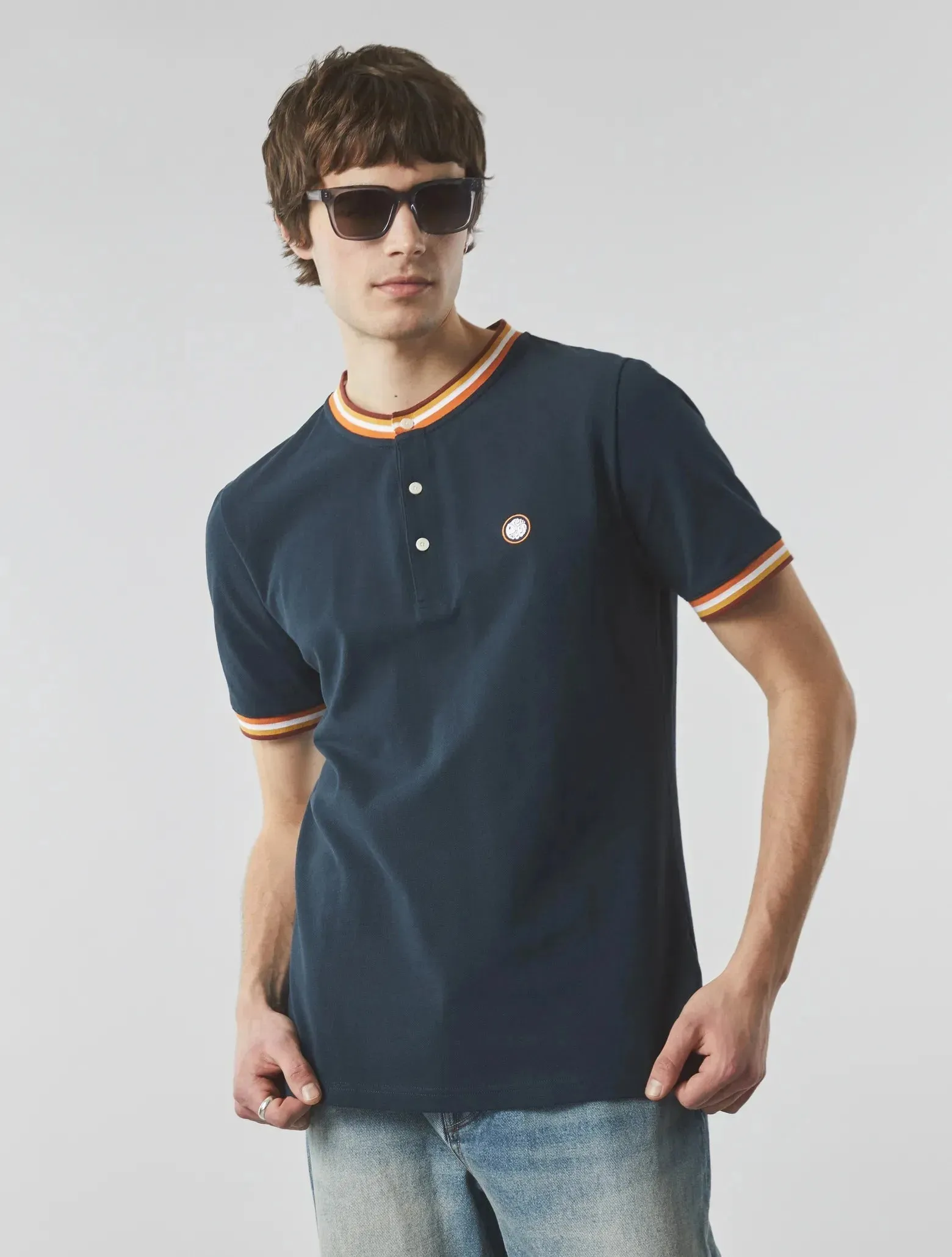 Pretty Green Hollen Grandad Tipped Polo In Navy