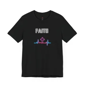 "Faith Neon Heartbeat Christian T-Shirt - Modern Cross Graphic Tee for Women"