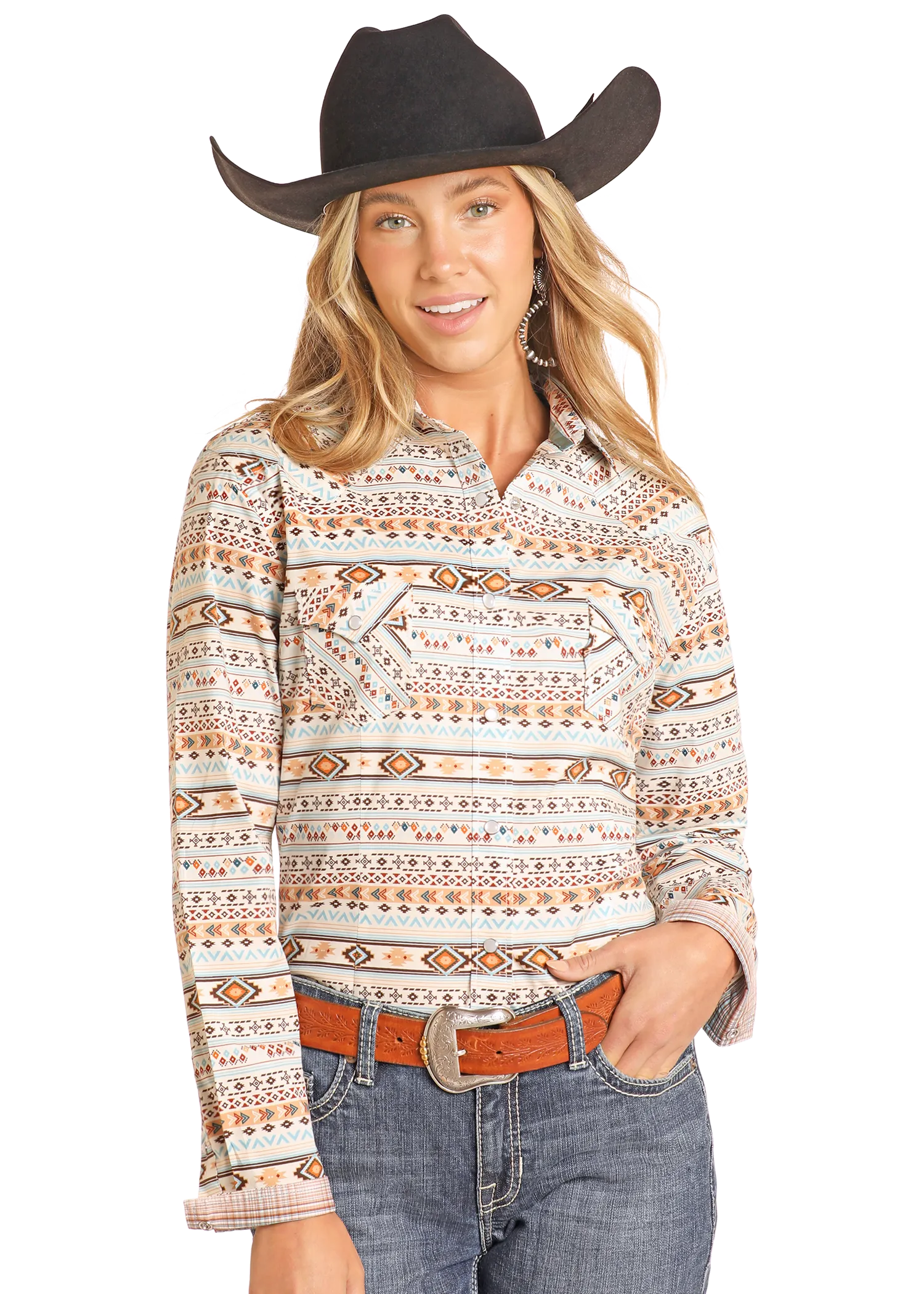 Rough Stock Southwestern Print Long Sleeve Snap Shirt