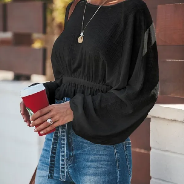 Round Neck Loose Sleeve High Waist T-shirt