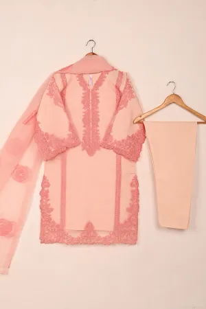 RTW-240-Light Peach - 3Pc Ready to Wear Cut Work Embroidered Organza Dress