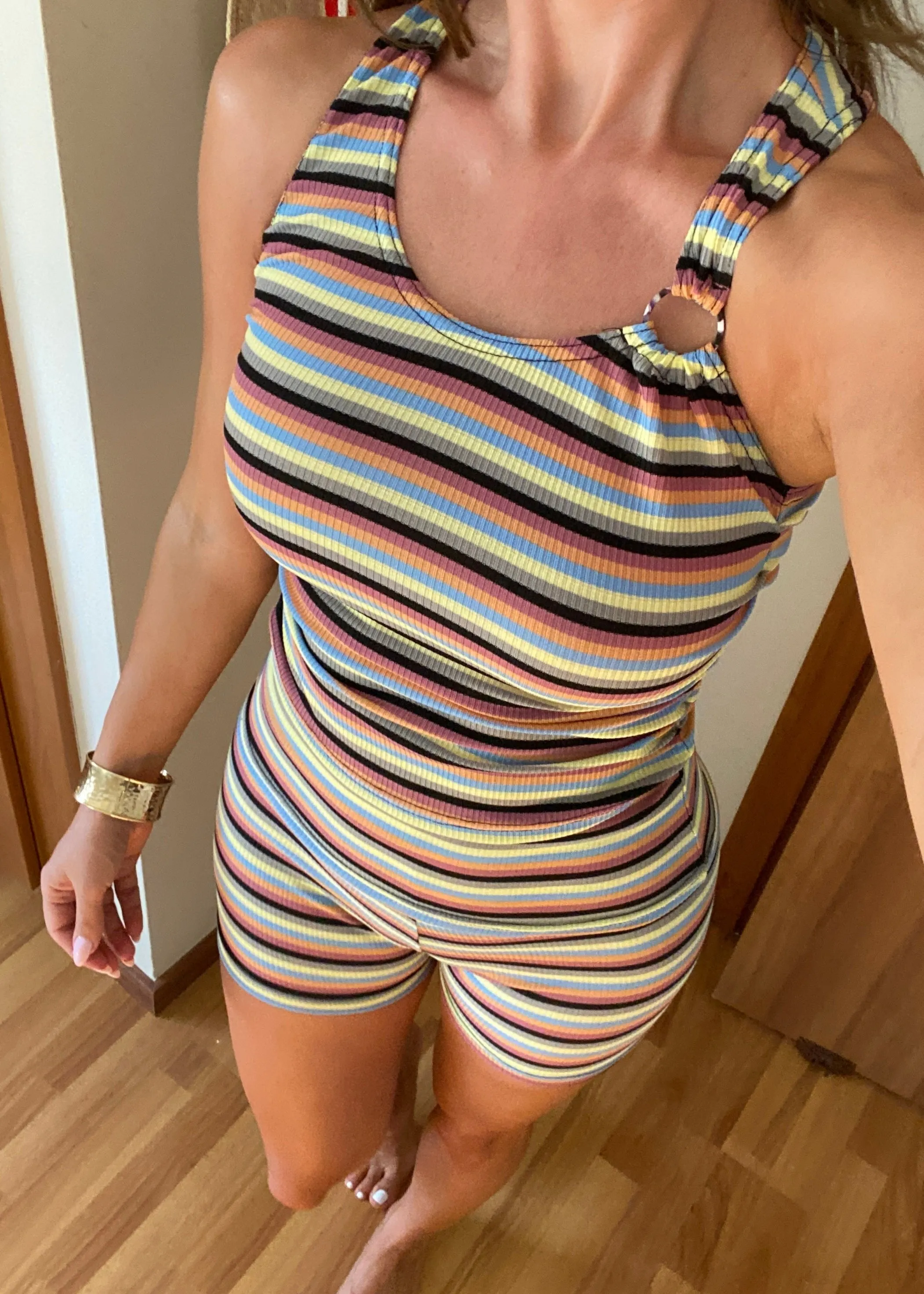 Ruched Vest & Fold Waist Shorts Set in Ribbed Stripes