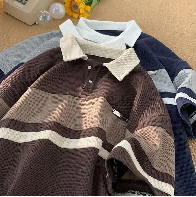 Short Sleeve Turn Down Collar Striped Shirt