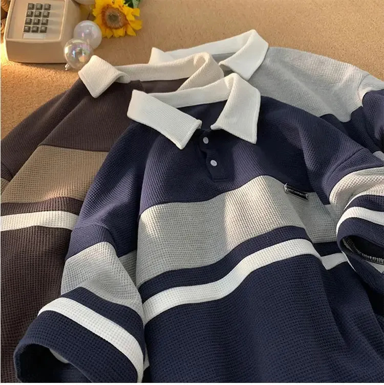 Short Sleeve Turn Down Collar Striped Shirt