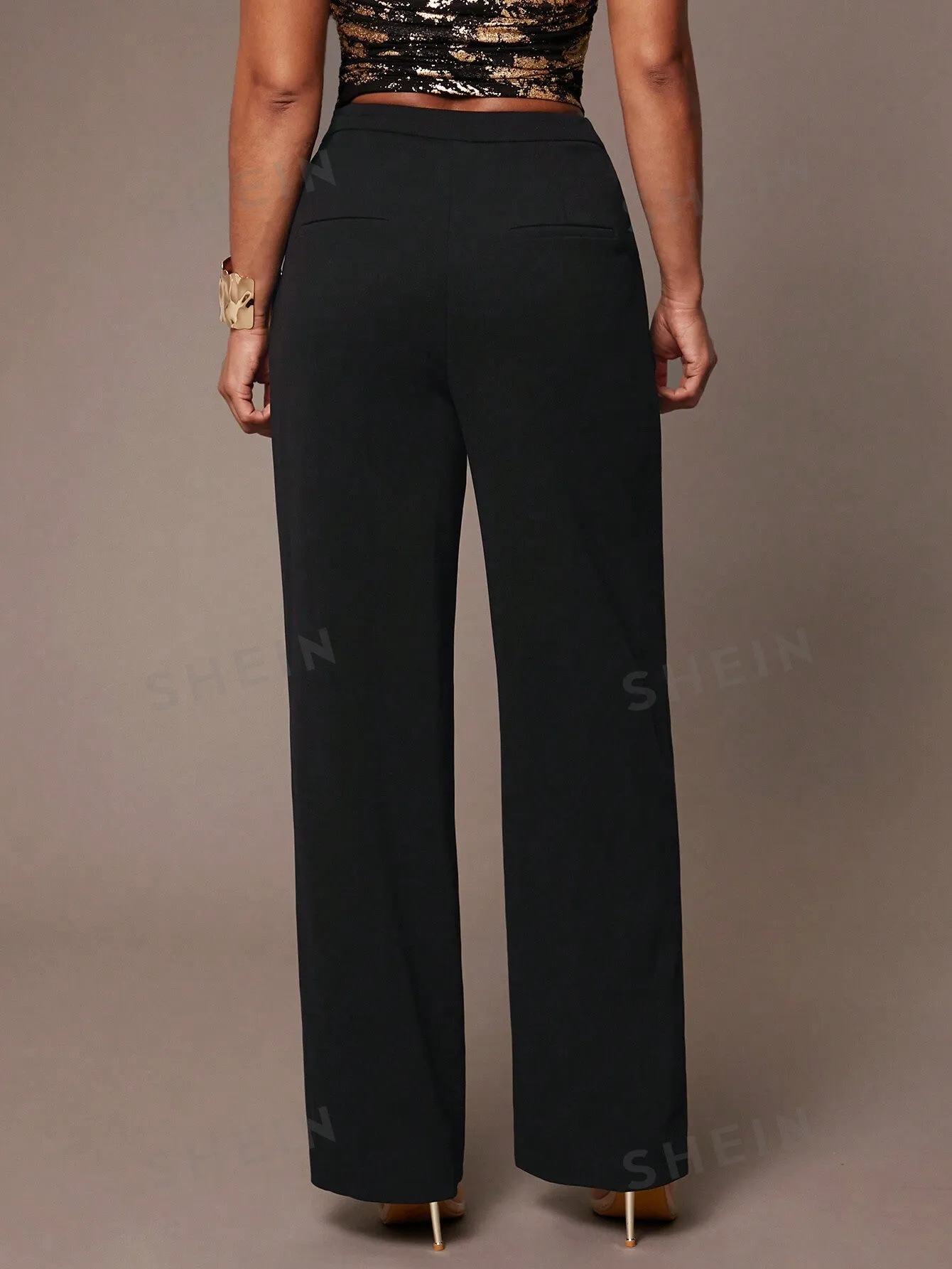 Silquee Women's Simple Daily Date Elegant Party Black Asymmetrical Draped Trousers, High-End Formal