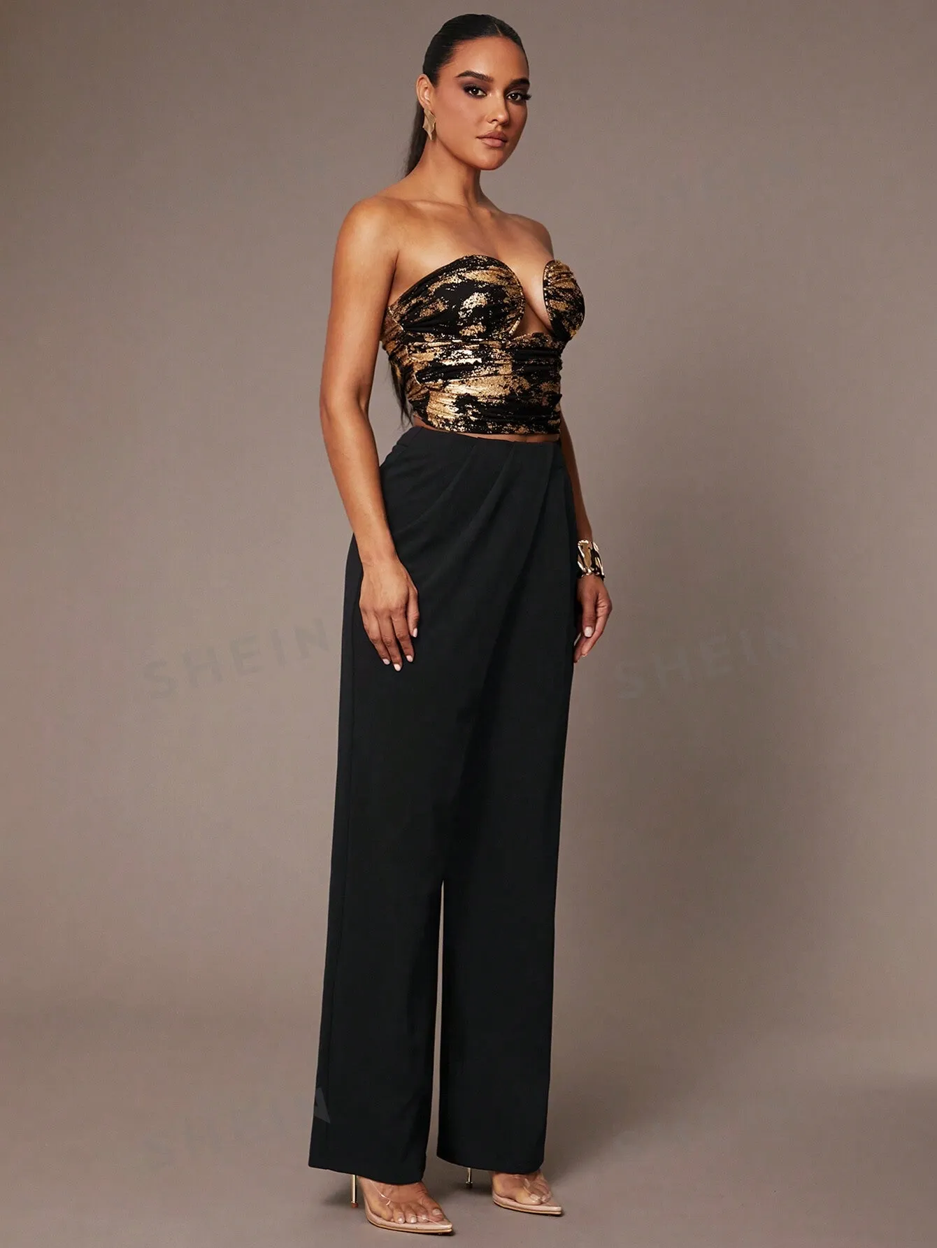 Silquee Women's Simple Daily Date Elegant Party Black Asymmetrical Draped Trousers, High-End Formal