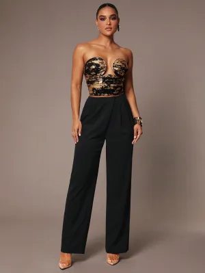 Silquee Women's Simple Daily Date Elegant Party Black Asymmetrical Draped Trousers, High-End Formal