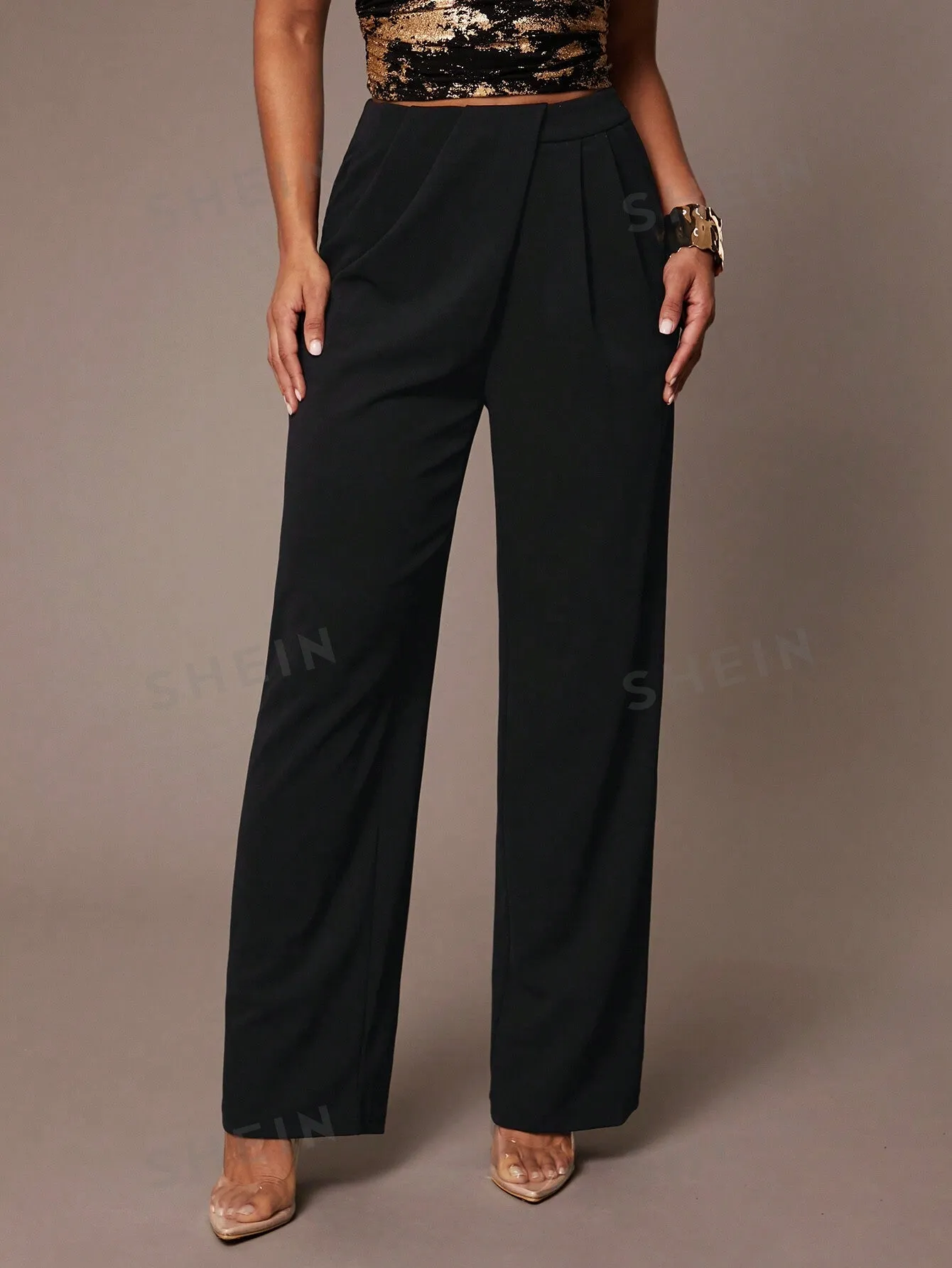Silquee Women's Simple Daily Date Elegant Party Black Asymmetrical Draped Trousers, High-End Formal