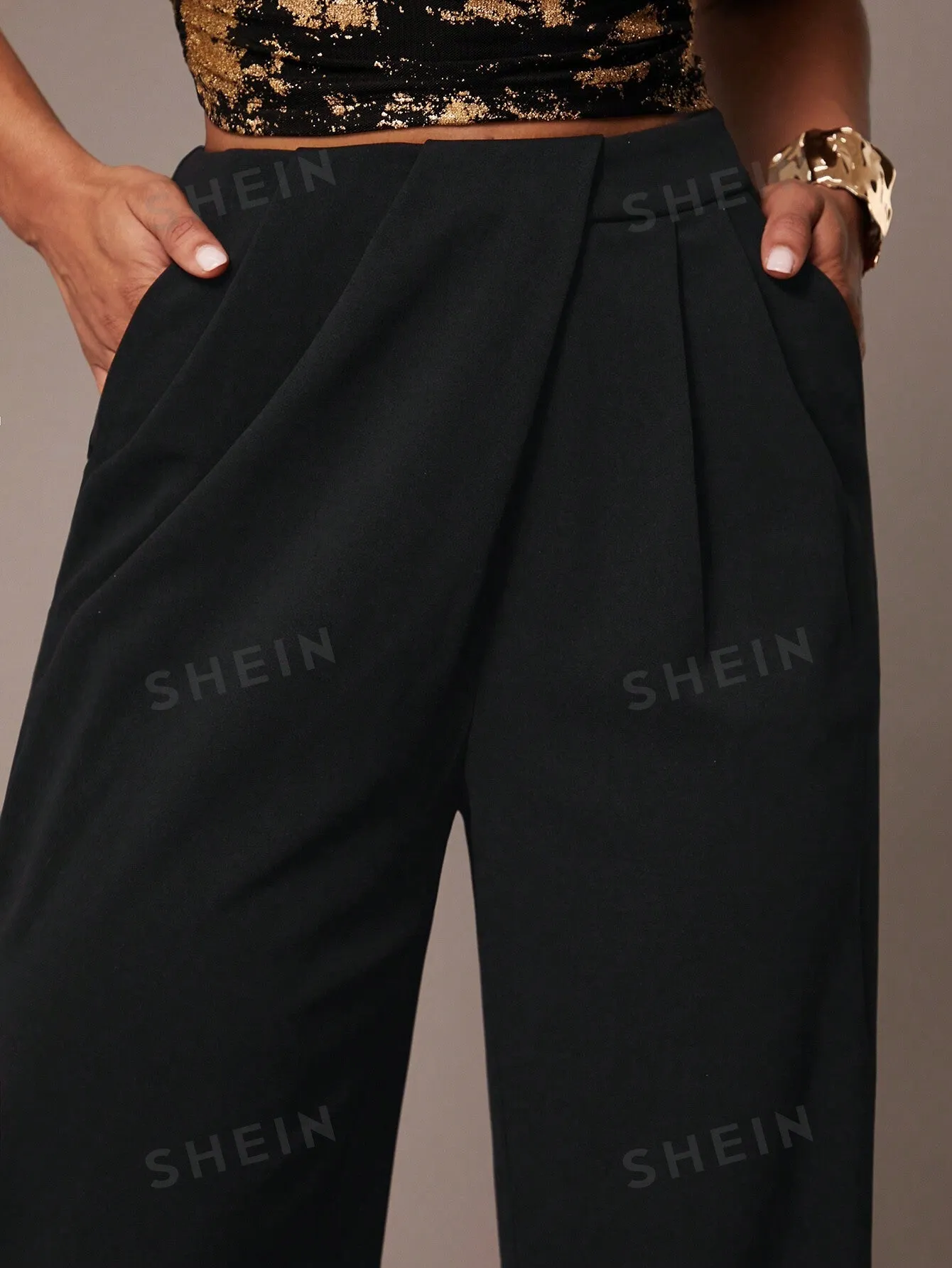Silquee Women's Simple Daily Date Elegant Party Black Asymmetrical Draped Trousers, High-End Formal