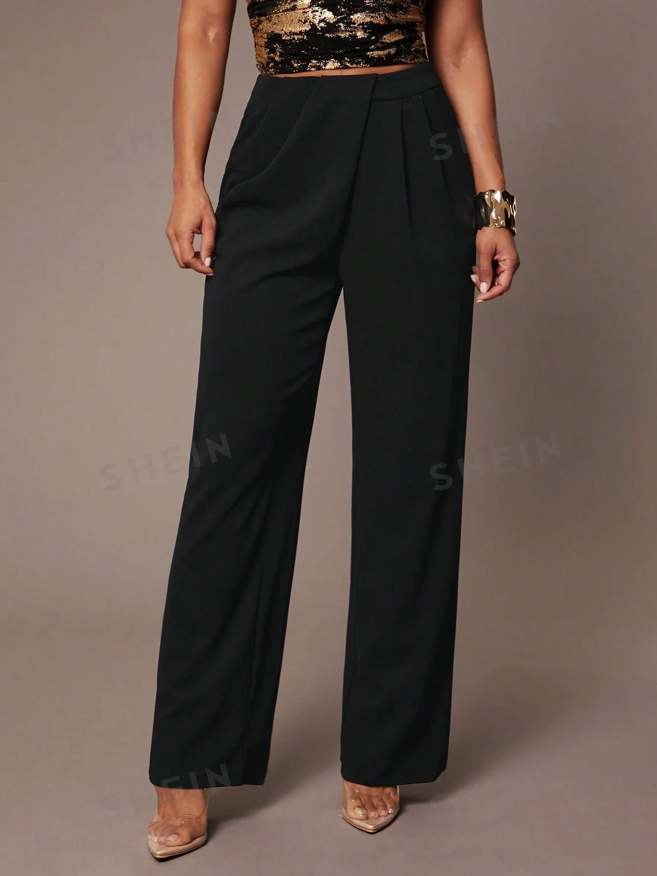 Silquee Women's Simple Daily Date Elegant Party Black Asymmetrical Draped Trousers, High-End Formal