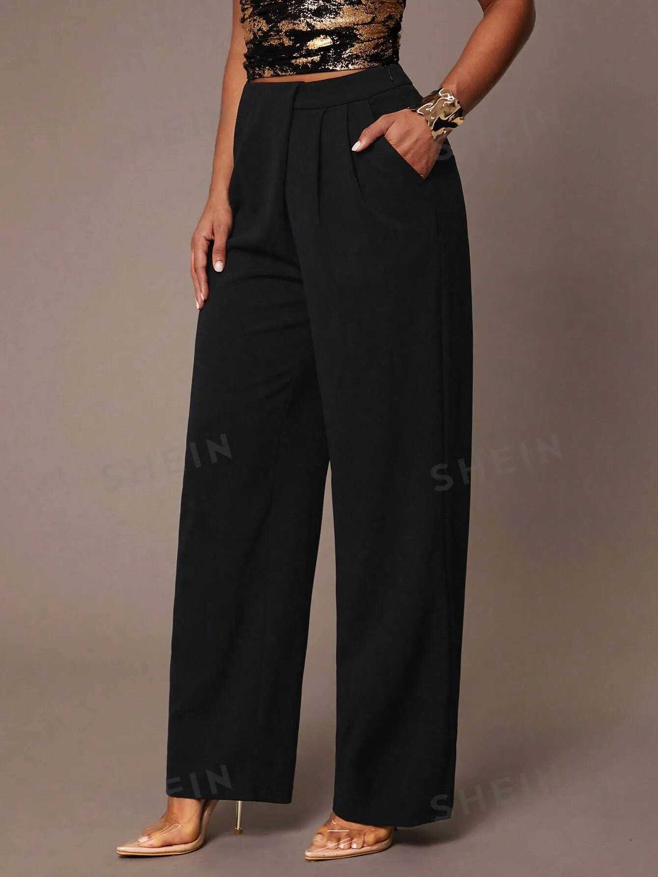 Silquee Women's Simple Daily Date Elegant Party Black Asymmetrical Draped Trousers, High-End Formal