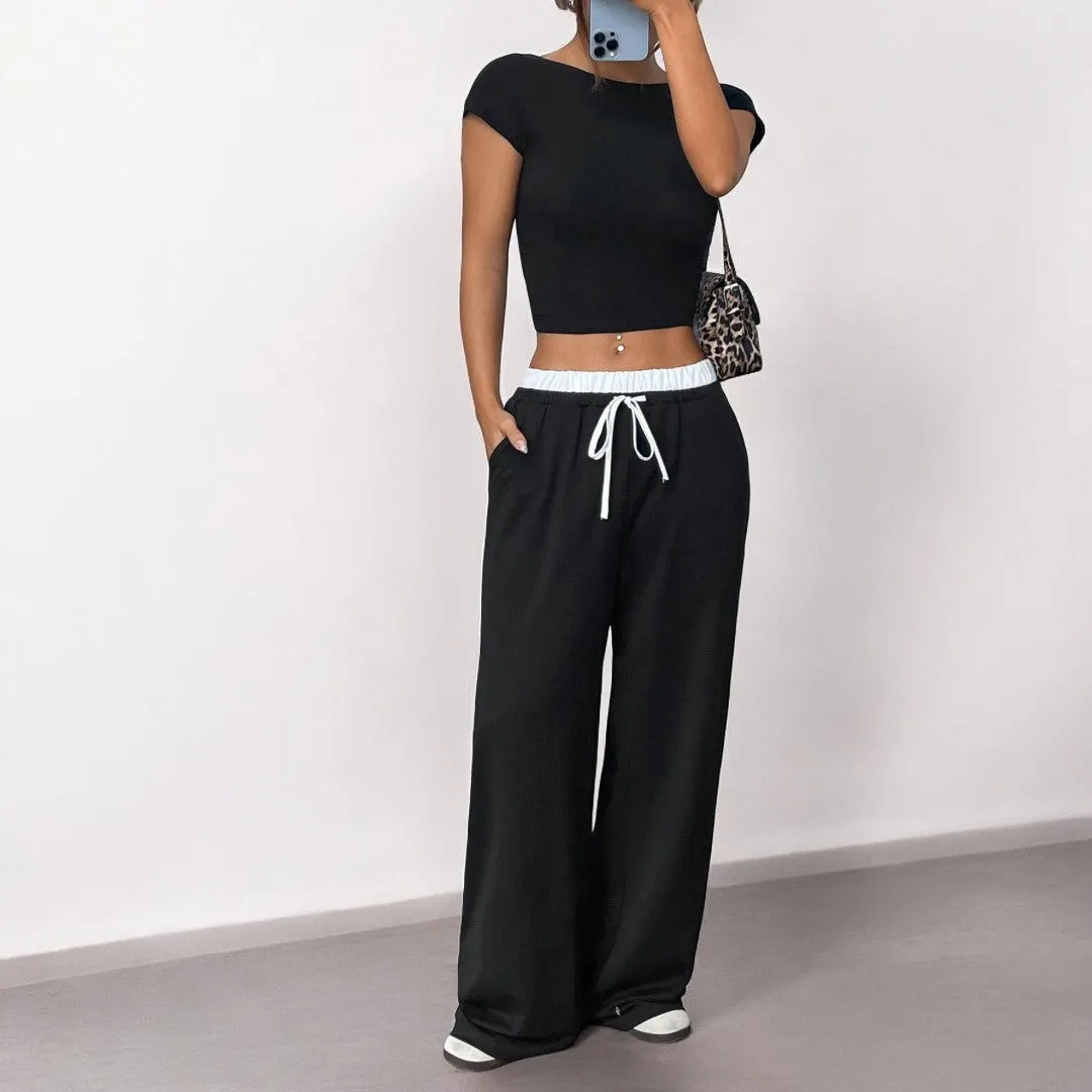 Simple Straight Casual Loose Elastic Waist Mop Trousers
