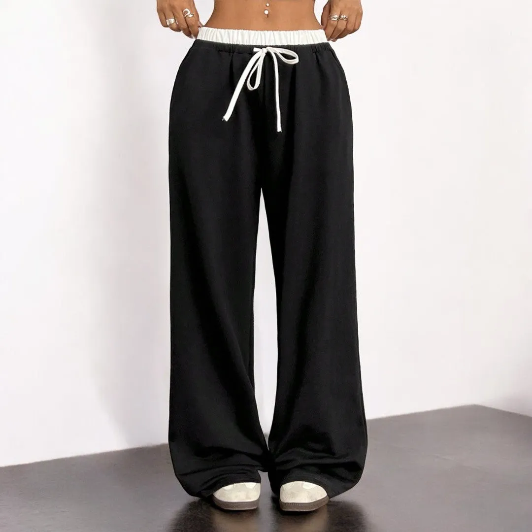 Simple Straight Casual Loose Elastic Waist Mop Trousers