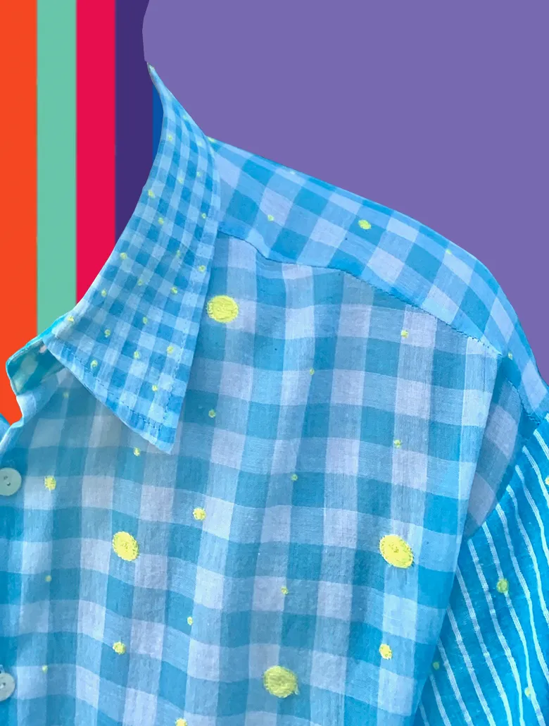 Sky Gingham Shirt with Yellow Dots