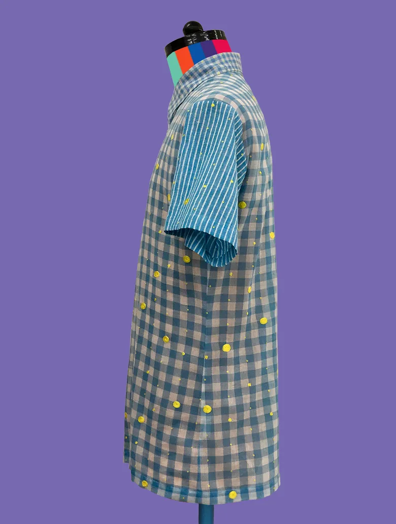 Sky Gingham Shirt with Yellow Dots