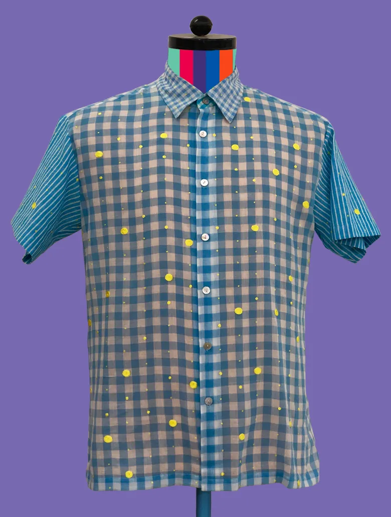 Sky Gingham Shirt with Yellow Dots