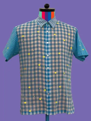 Sky Gingham Shirt with Yellow Dots