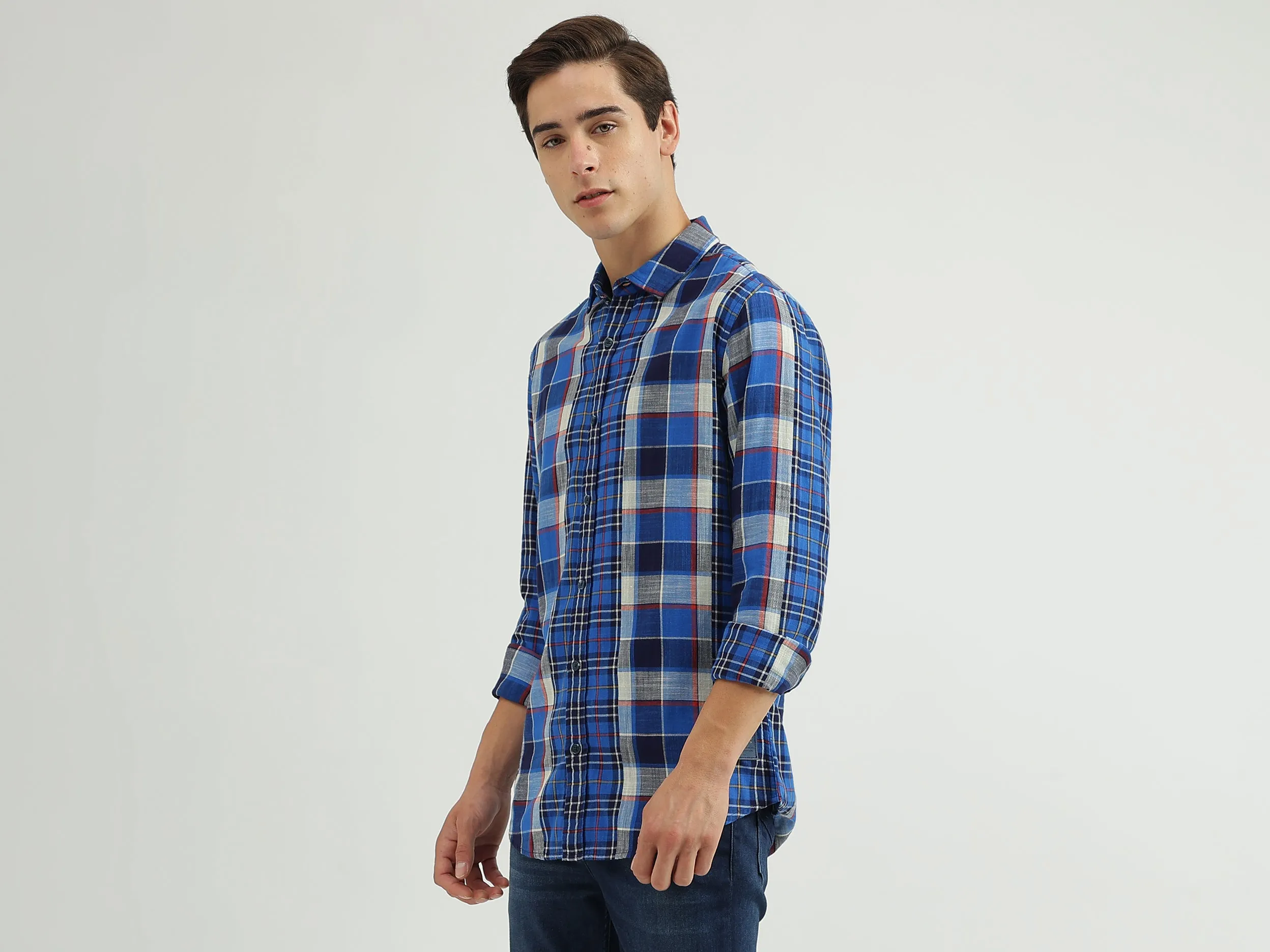 Slim-Fit Spread Collar Check Printed Shirt