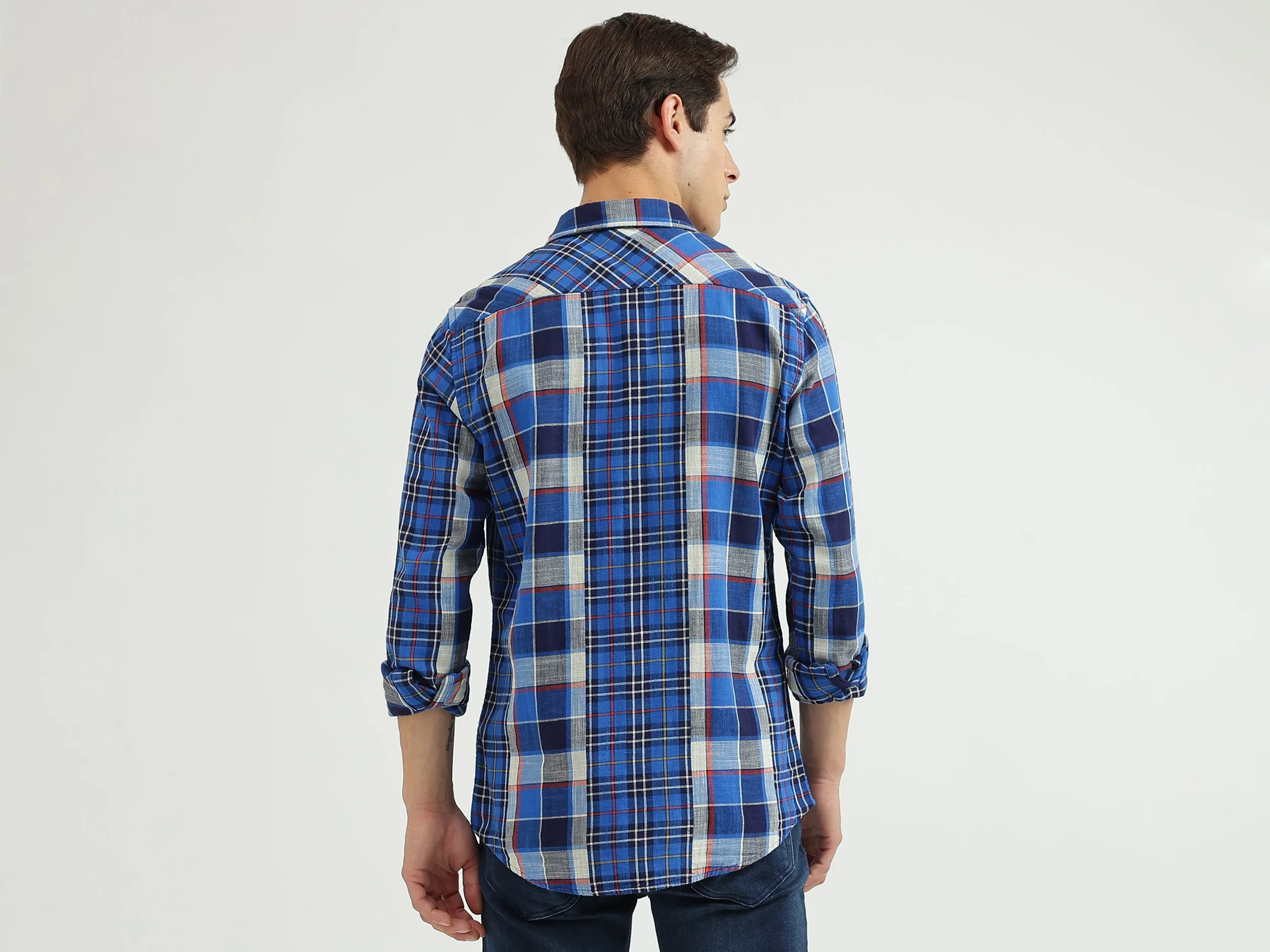 Slim-Fit Spread Collar Check Printed Shirt