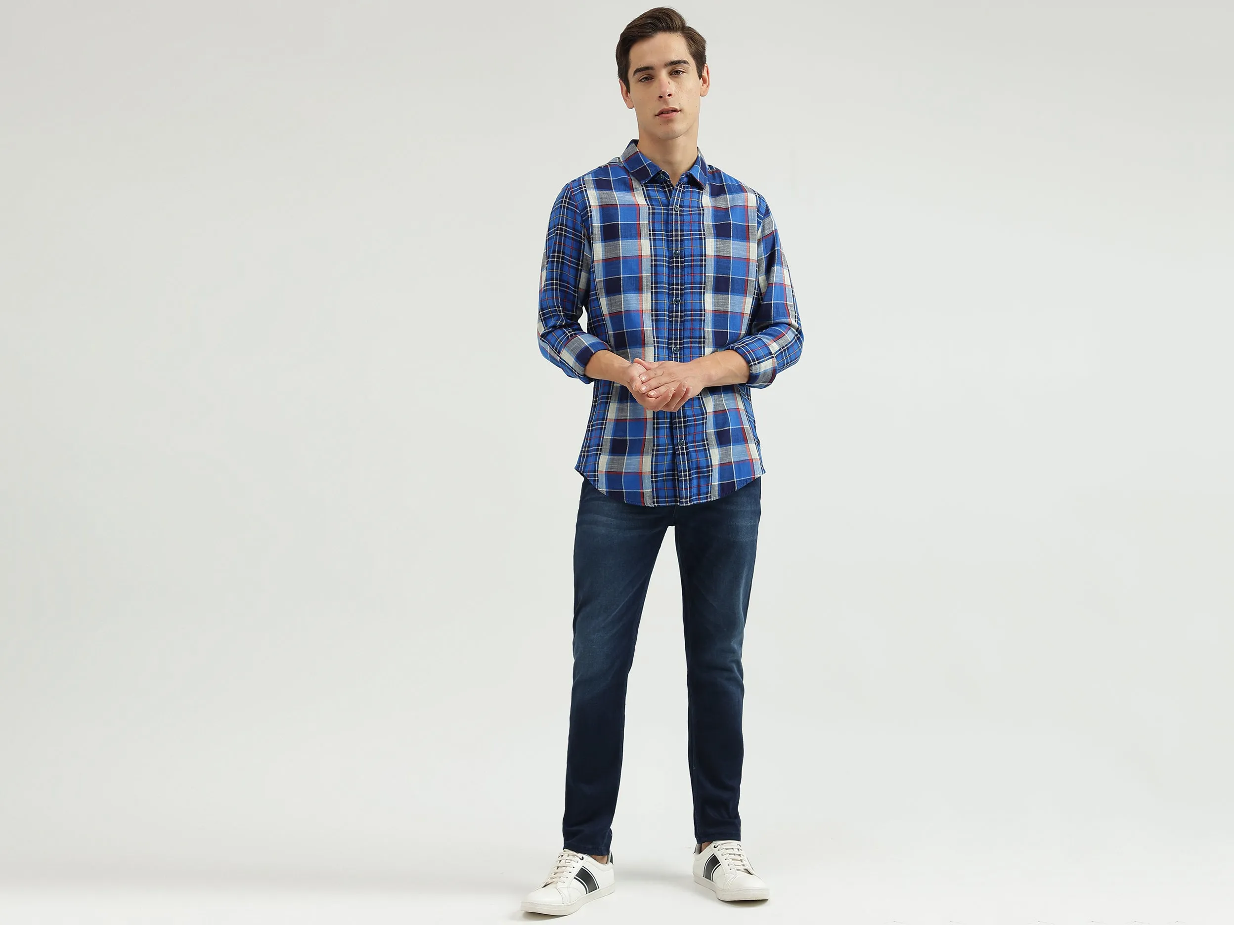 Slim-Fit Spread Collar Check Printed Shirt
