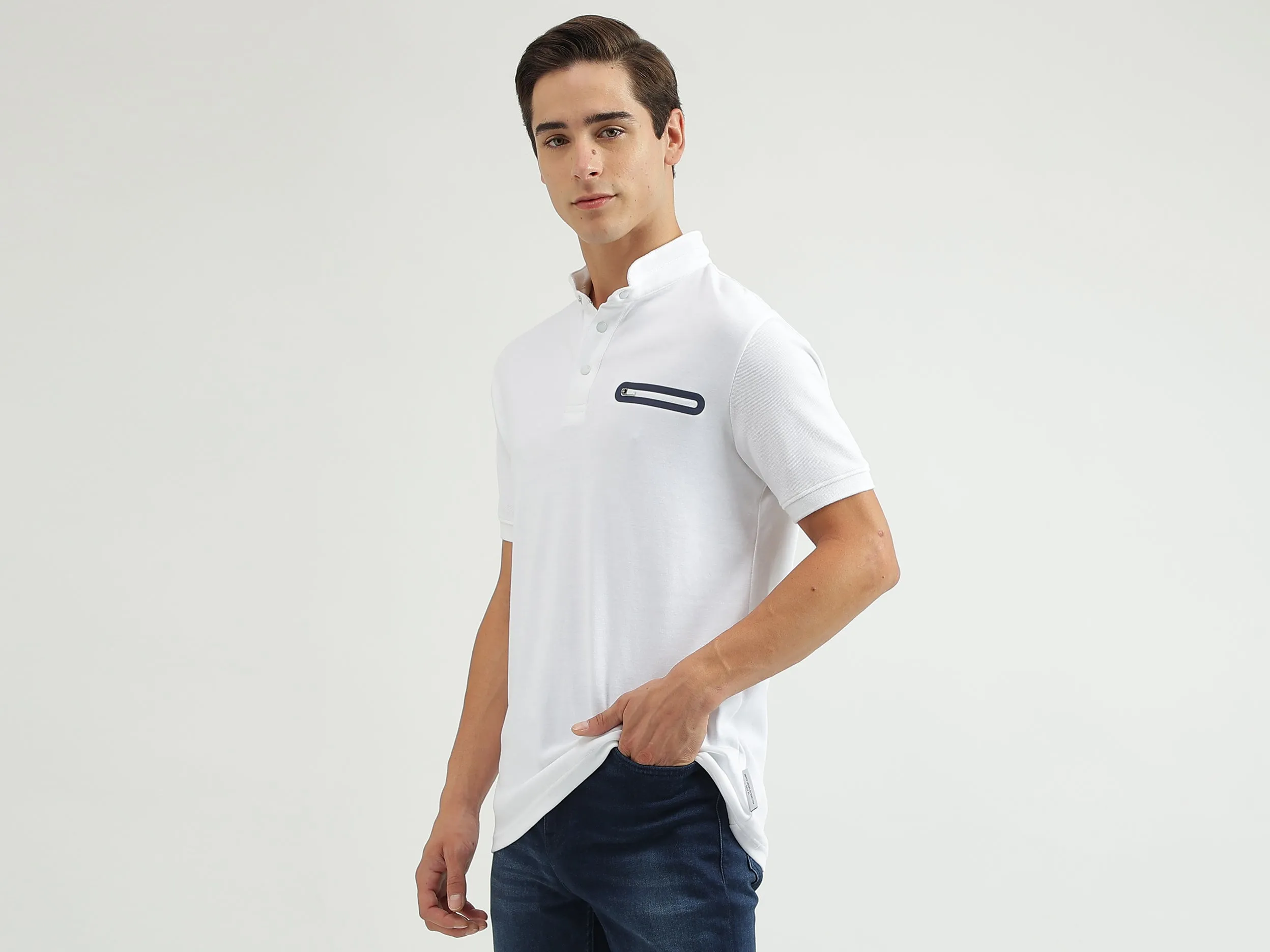 Solid Stand Collar Regular-Fit T-Shirt