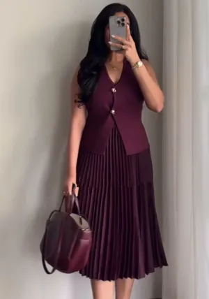 Sophisticated Buttoned Vest and Pleated Skirt Two-Piece Set