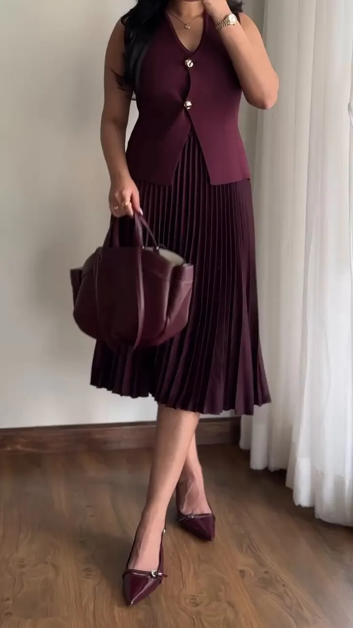 Sophisticated Buttoned Vest and Pleated Skirt Two-Piece Set