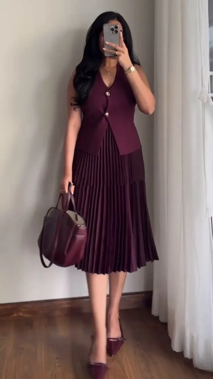 Sophisticated Buttoned Vest and Pleated Skirt Two-Piece Set