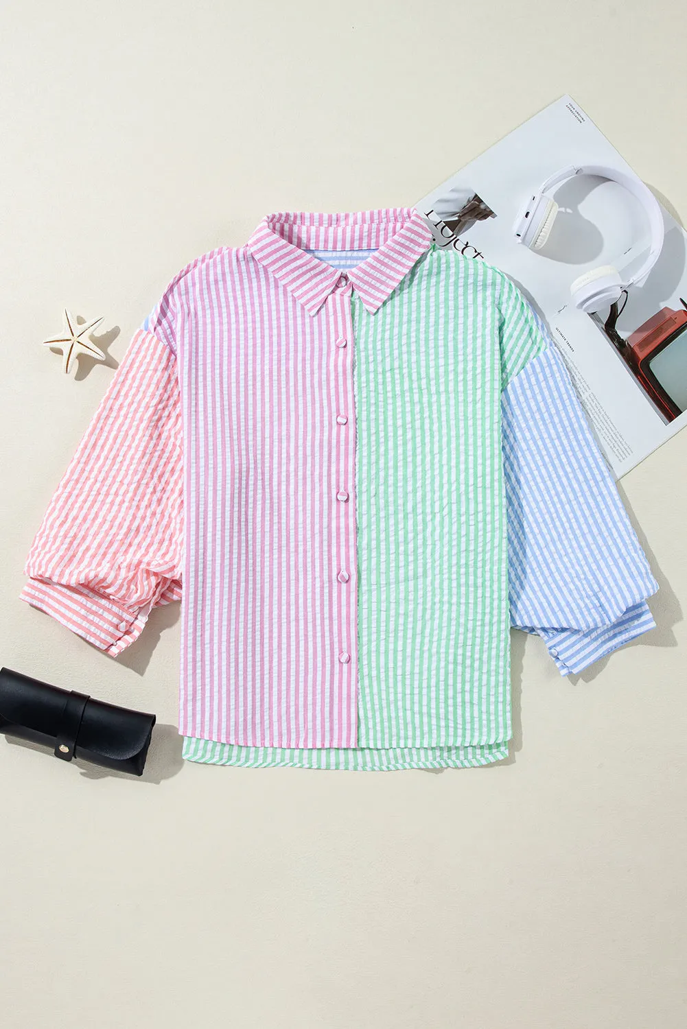 Striped Color Block Balloon Sleeve Buttoned Loose Fit Shirt