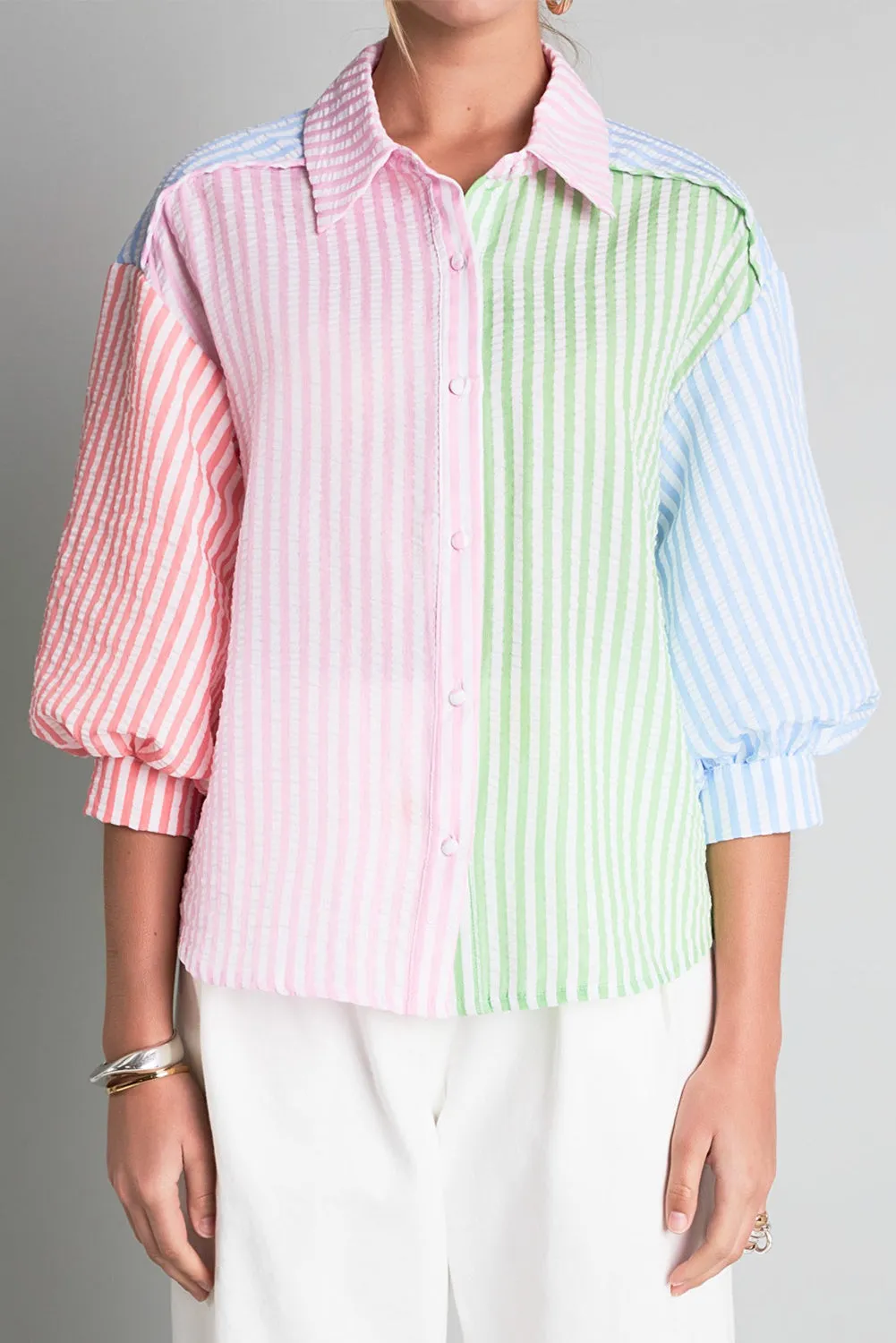 Striped Color Block Balloon Sleeve Buttoned Loose Fit Shirt